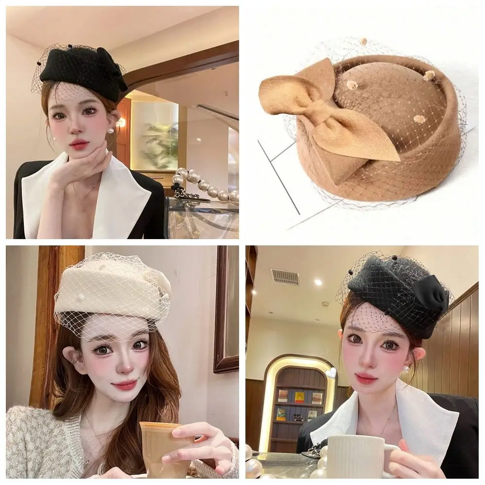 

Fashion British Style Wool Bow Hat with Veil Elegant Cashmere Pillbox Hat Photography Decoration Sweet Fascinator Hat Dinner
