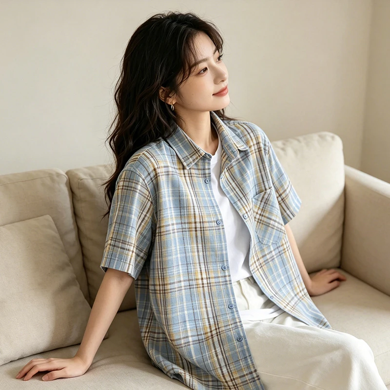 Y2K New Summer Collection Blue Yellow Plaid Short Sleeve Shirt Women Retro Oversized Casual Blouse Short-sleeve Shirt view 3