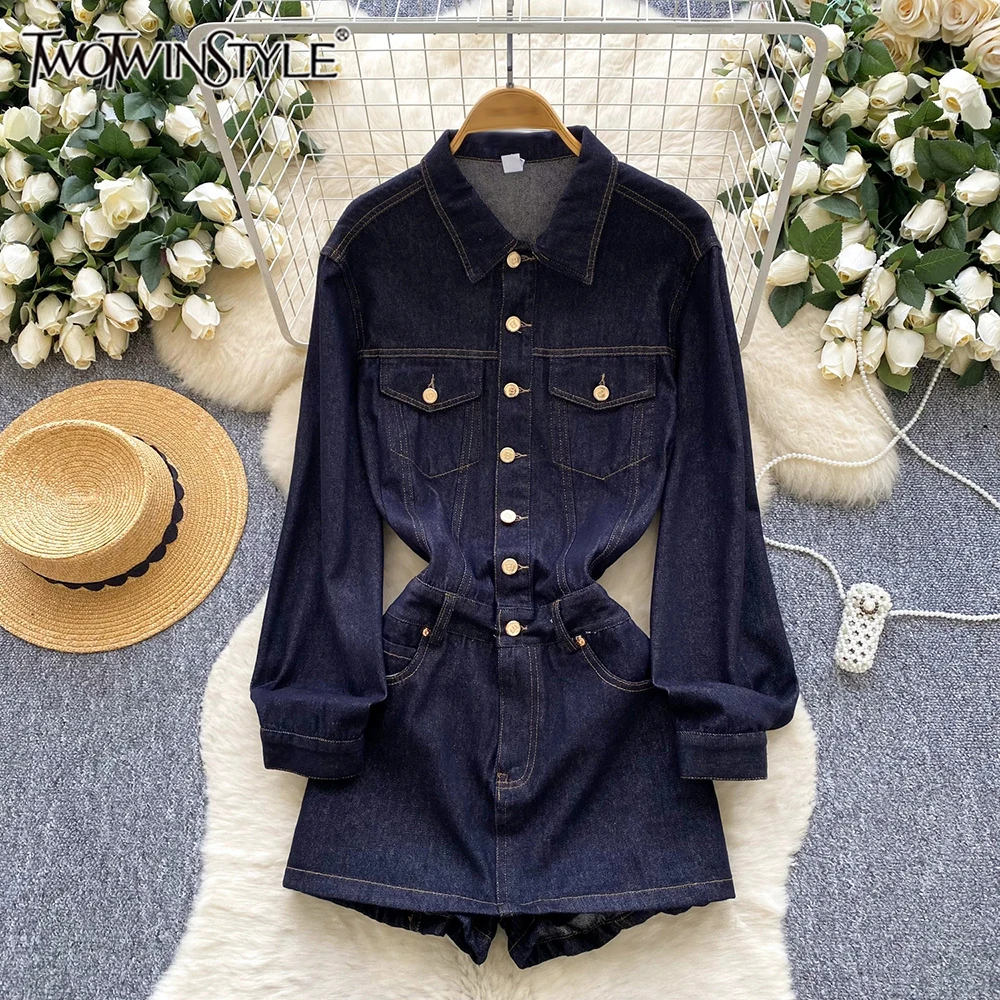 

TWOTWINSTYLE Casual Vintage Denim Jumpsuits For Women Lapel Long Sleeve High Waist Temperament Jumpsuit Female Fashion KJU549814