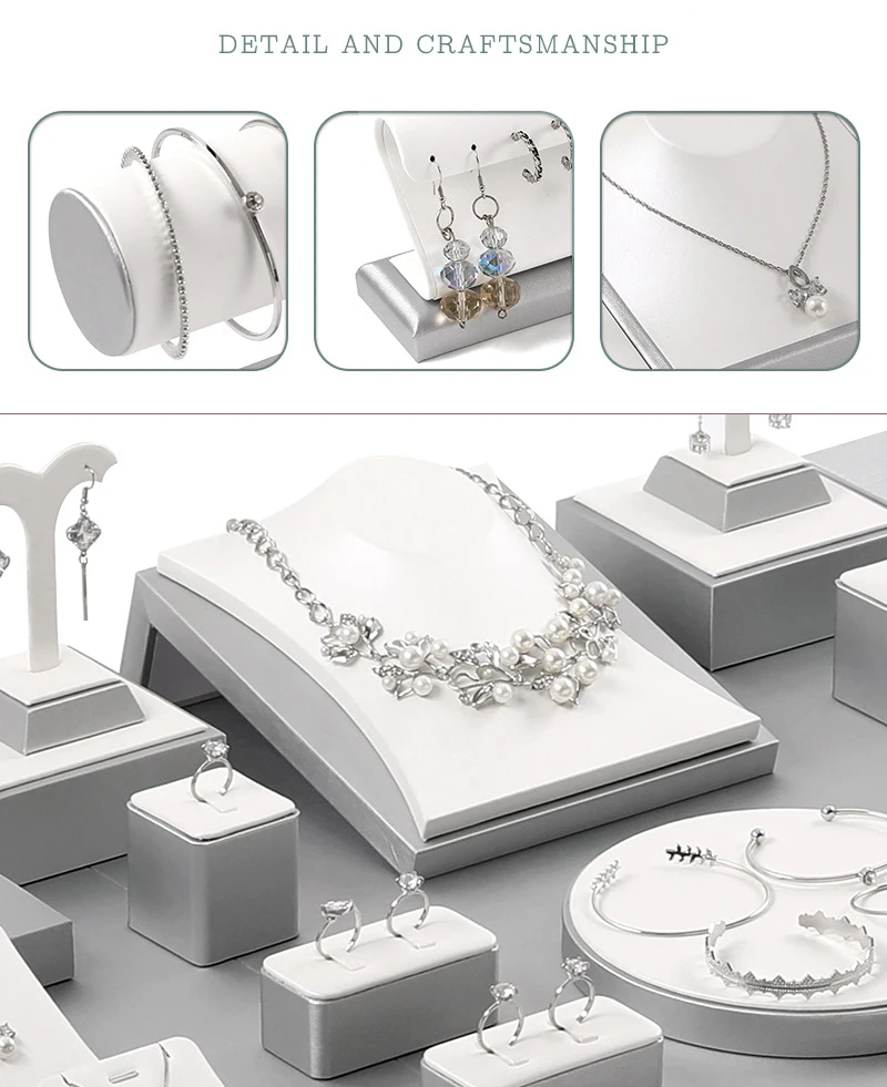 White PU Leather Bust Jewelry Display Stand Holder Bracelet Earring Necklace Ring Jade Counter Pendant Neck Model Organizer Rack