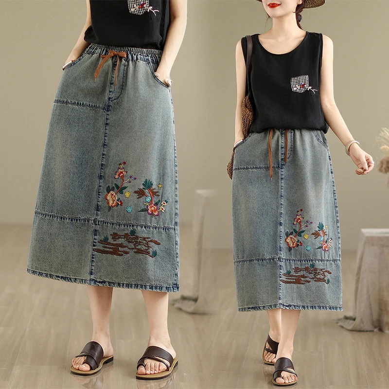 빈티지 자수 데님 롱 스커트 여성 캐주얼 루즈 빅 사이즈 스트레이트 청바지 스커트 레트로 스트레치 허리 a 라인 Faldas Largas