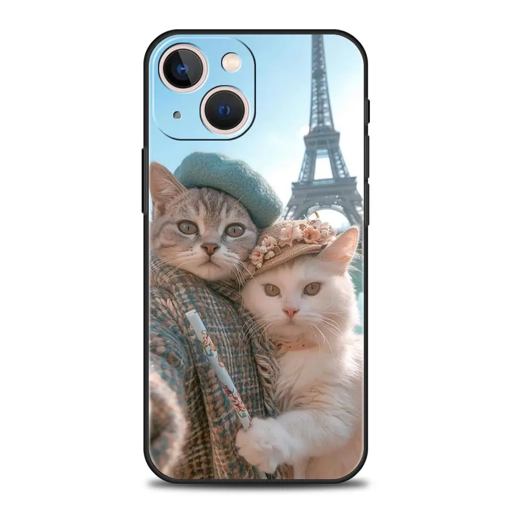 Phone Case For iPhone 16 15 14 13 12 11 Pro Max XS X XR SE 7 8 Plus Soft Silicone Black Cover Funda Cartoon Fun Cat Pet Dog