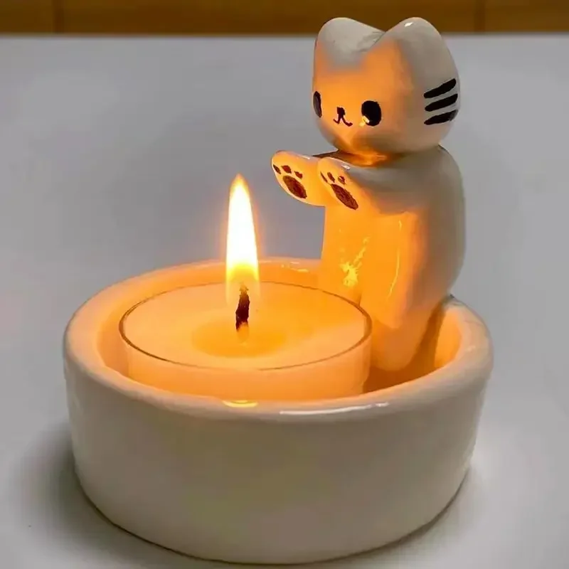 Cute Kitten Candle Holder Warming Paws Cartoon Candle Holder Funny Creative Lovely Scented Heat Resistant Crafts Home Decoration