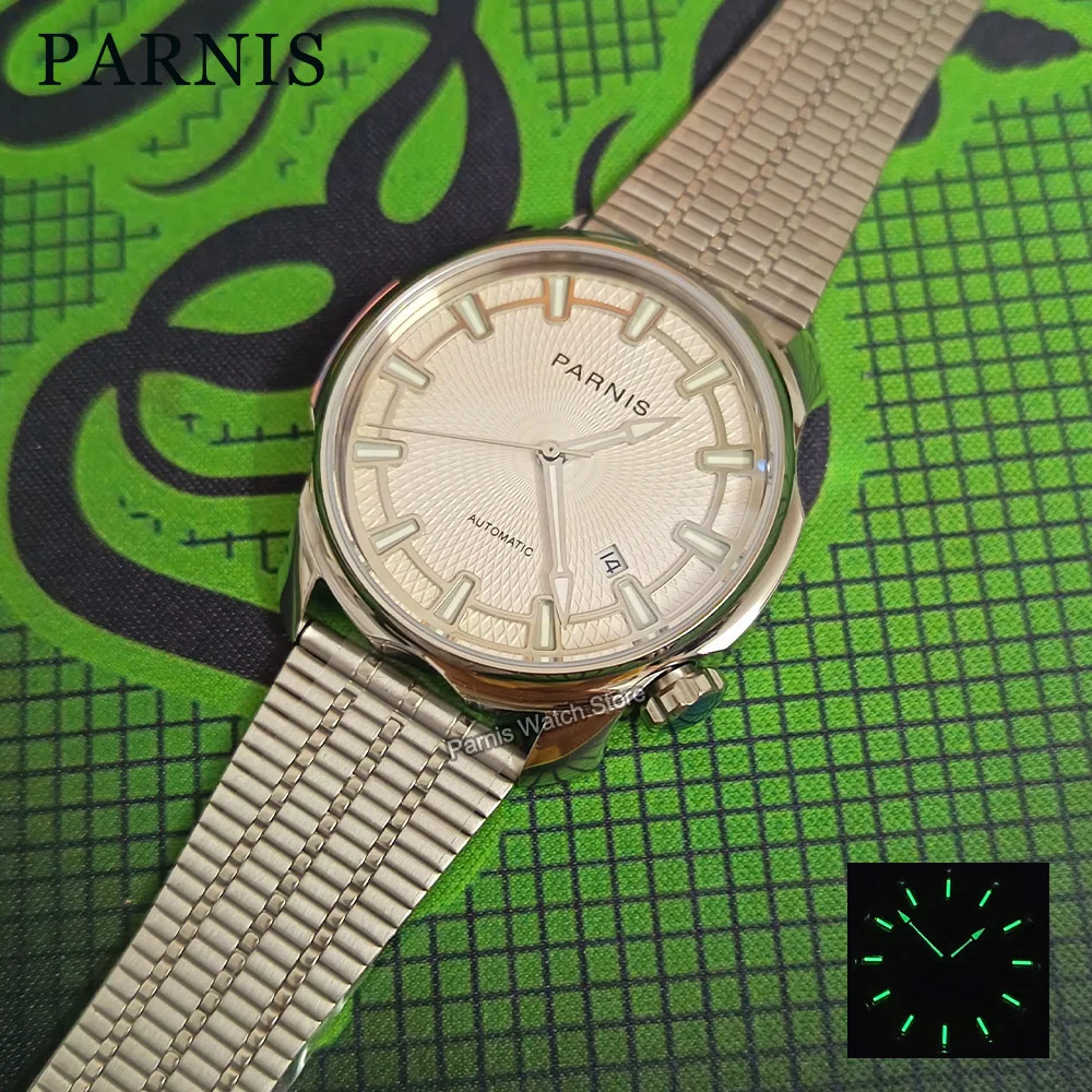 42mm Parnis Stereoscopic Grid Luminous Markers Dial Sapphire Crystal Men Stainless Steel Automatic Watch