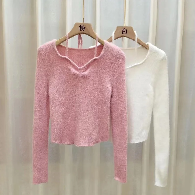 Women Pullover Korean Sweater Warm Bottomed Long Sleeved Thin Mink Hair Neck Hanging Autumn Winter Top