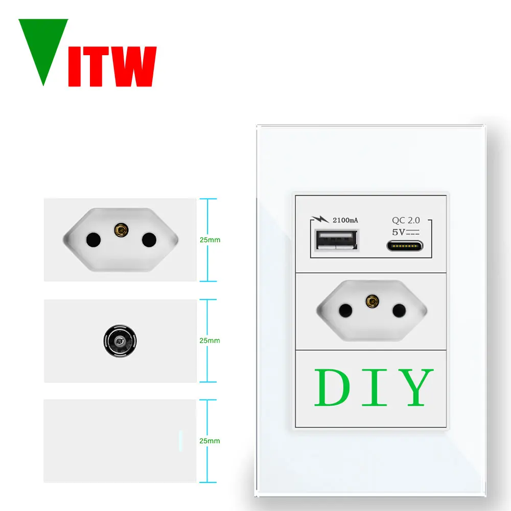 Vitw Brasil estándar 20A salida, interruptor y enchufe personalizados DIY, Cable USB tipo C, módulo de puerto de TV, enchufe de pared eléctrico BR 10A