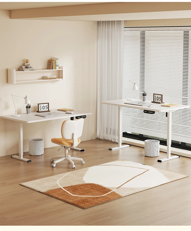 Cream wind electric lifting computer desk for simple home use, student bedroom, modern office