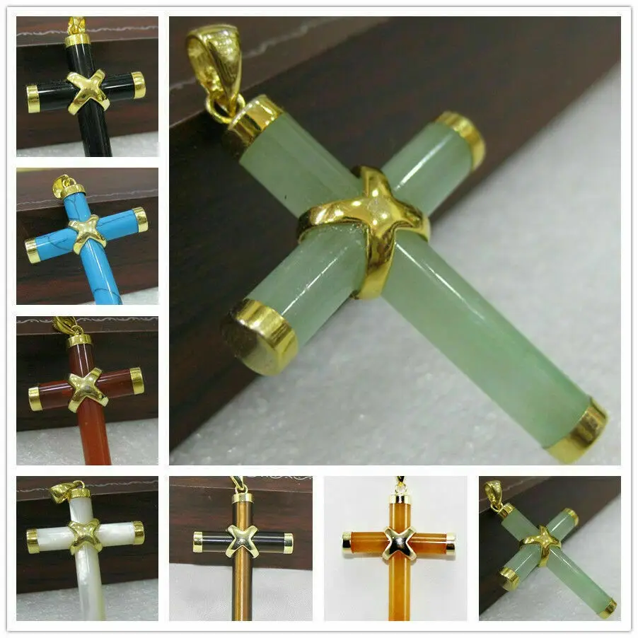 

5Colors Natural Agate/Tiger's Eye/Topaz/Jade Gemstone Cross Pendant Necklace AAA