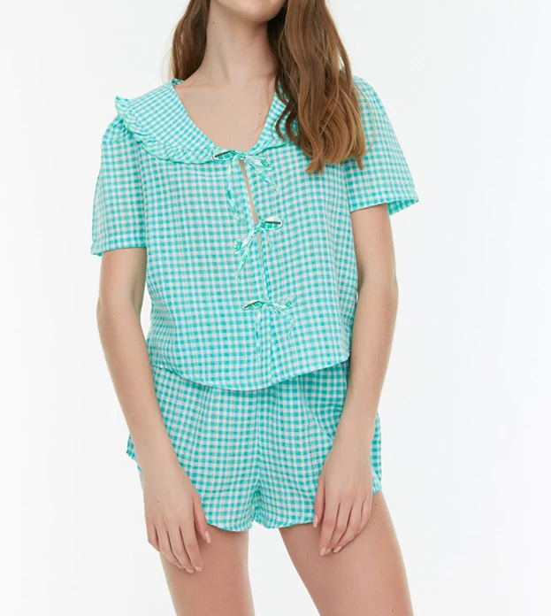 

Women 2 Piece Plaid Short Sets Casual Summer Tie Up Short Sleeve Peter Pan Collar Cardigan Tops + Elastic Waist Shorts Lounge