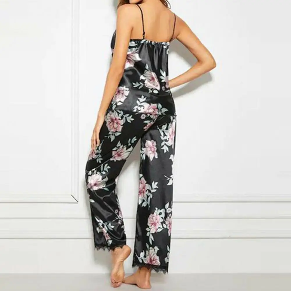 Conjunto de pijama de 2 piezas para mujer, ropa de dormir con cuello en V, chaleco de encaje con estampado Floral, pantalones largos con tirantes, camisón Sexy, vestidos de noche