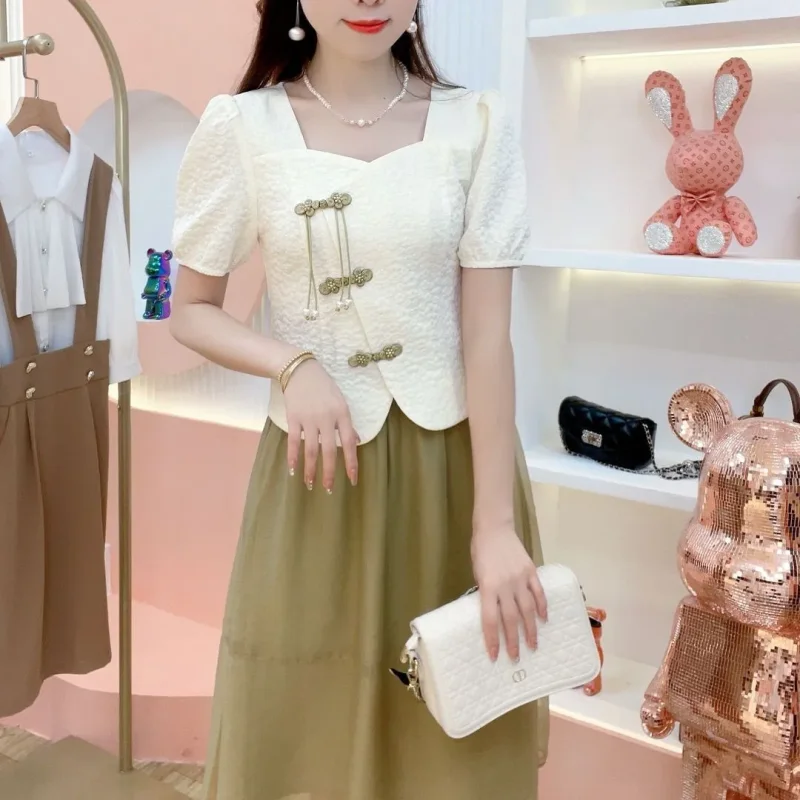 Chinese Style Graceful Short Sleeve Tops Midi Skirts 1 or Two Piece Set Women Summer Slim Green Shirts Half Skirt Outfits 2024