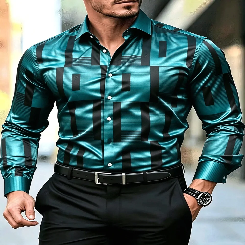 Luxury Satin Men Shirt Long Sleeve Geometric Check Print Slim Fit Business Formal Dress Shirts Male Wedding Blouse