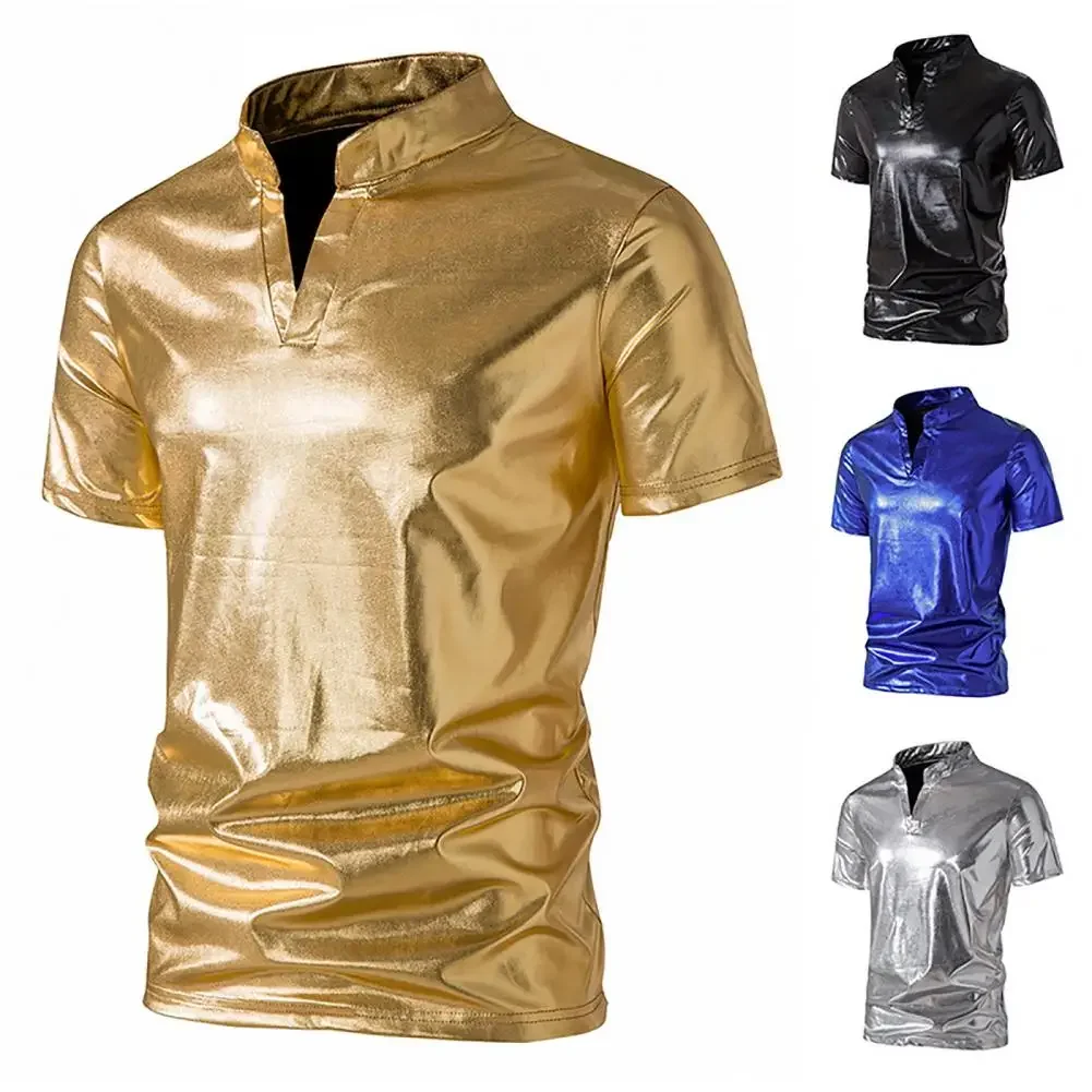 

Men T-shirt Henry Neck Slim Fit Stand Collar V-Neck Short Sleeve Summer T-shirt Men Shiny Bright Color Clubwear Top Streetwear