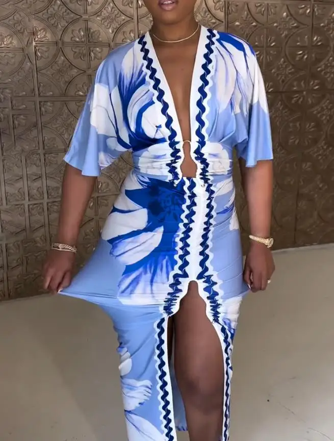 2025年春新作 レディース 花柄プリント プランジVネック ベルスリーブ ボディコンワンピース カジュアル スリムフィット スリット入りミディ丈ワンピース