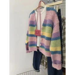 Rainbow Striped Raccoon Velvet V-neck Sweater Knitted Cardigan for Women in Autumn Winter Spring Autumn Knitted Sweater Jacket