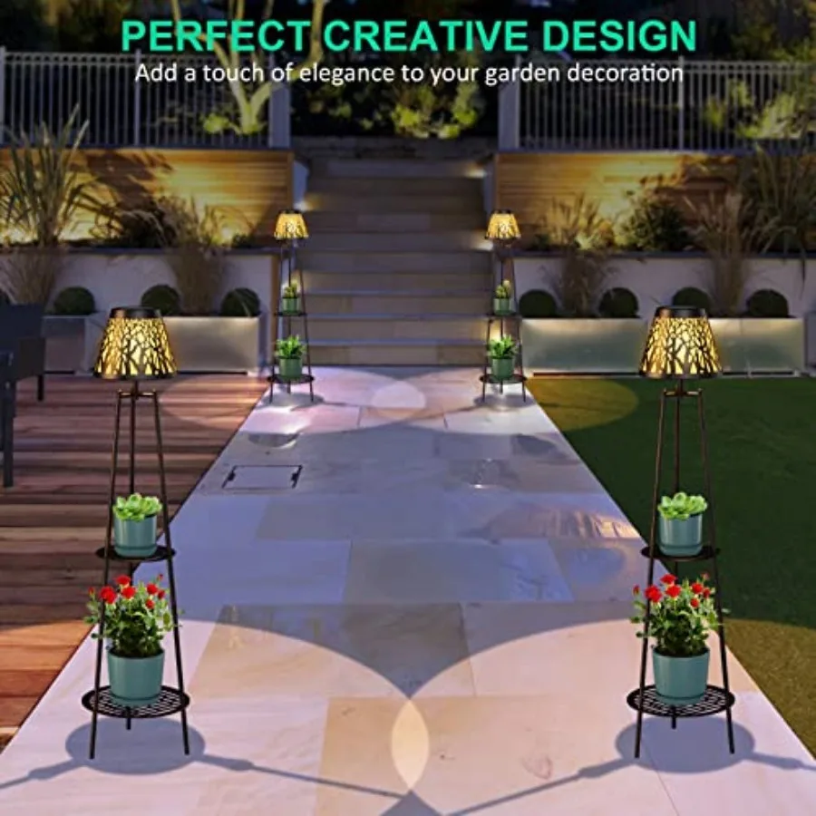2 Pack Outdoor Solar Floor Lamp with Plant Stand Waterproof Metal Garden Lights with 2-Tier Shelves Decorative LED Cordless Pat view 3