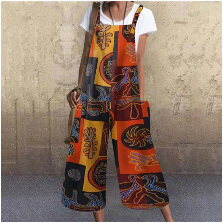 

New Fashion Loose Cotton And Linen Print Wide Leg Bohemian Jumpsuit