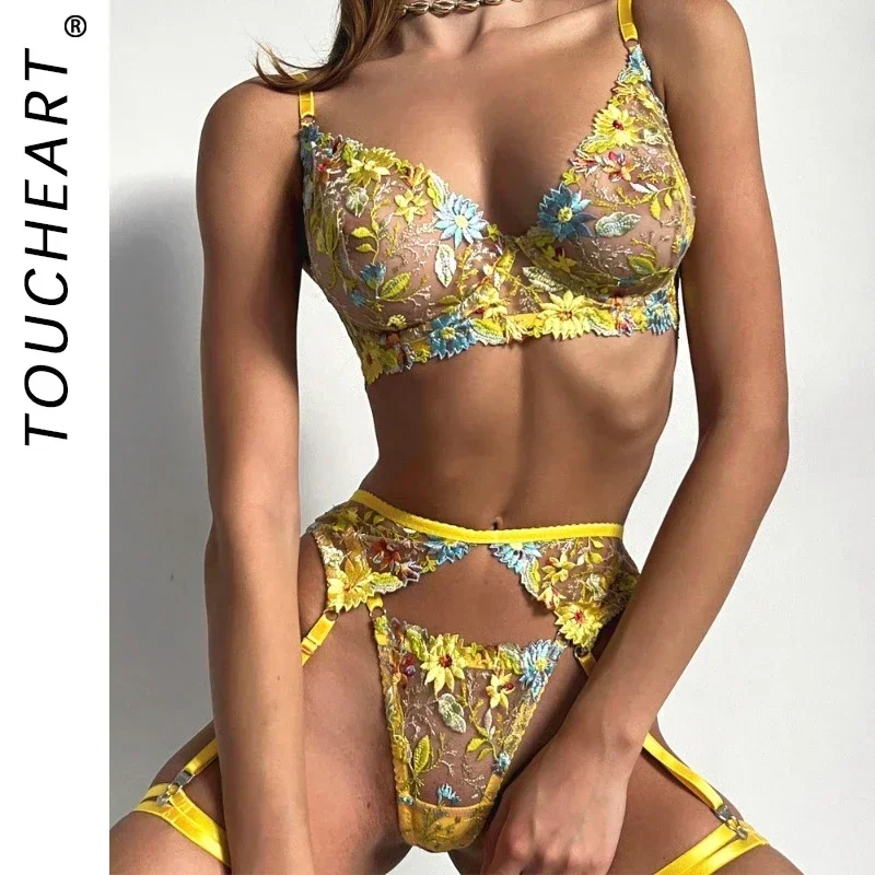 

Toucheart 3 Piece Set Sexy Lingerie Suit Flower Embroidery Perspective Underwear For Women Sexy Garter Stockings Bra Set Suit