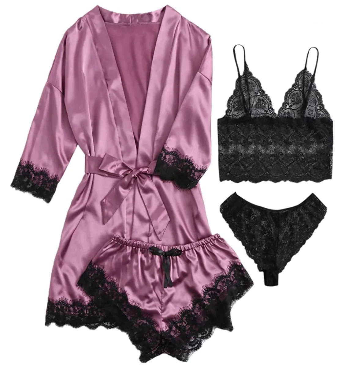 Women\'s Sexy Pajamas Nightgowns Lingerie Shorts 4-piece Lace Camisole Pajama Set Home Robe Nightgowns Leisure wear