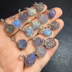 1 Pc Fengbaowu Natural Stone Labradorite Rose Flower Pendant 925 Sterling Silver Crystal Carved Figurine Gift Jewelry Women