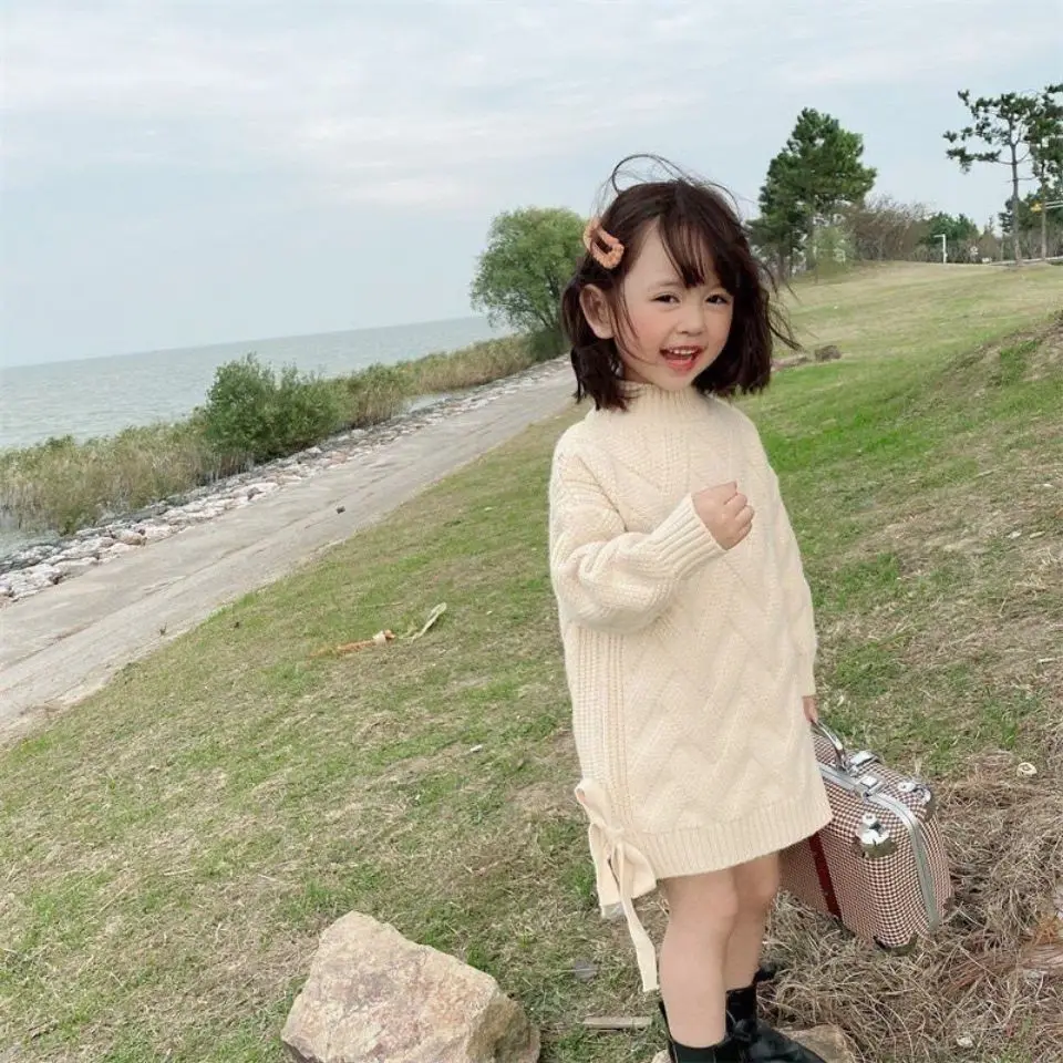 

2025 New Kids' Thermal Knit Dress Autumn Winter Mid Length Fleece Lined Thickened Korean Style Outerwear for Girls