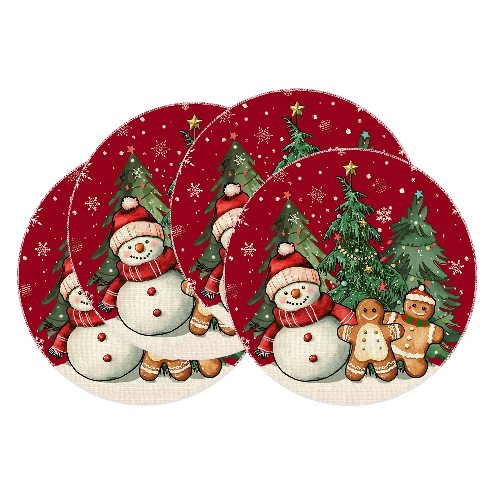 

Winter Red Snowman Gingerbread Man Christmas Tree Xmas Round Placemats Table Mats for Home Kitchen Dining Table Decor 14 Inch