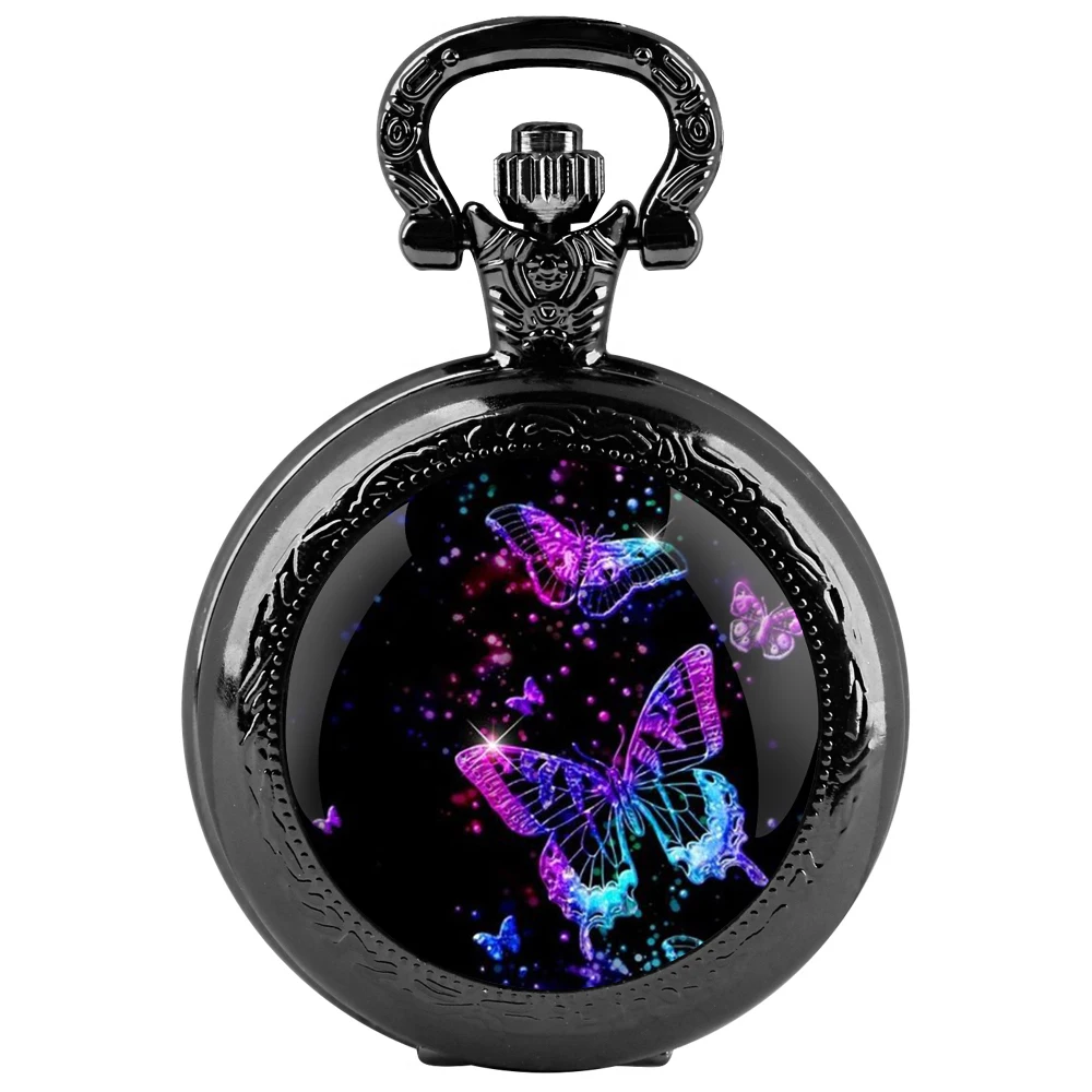 Orologio da tasca al quarzo nero con cupola in vetro a farfalla con quadrante con numeri arabi e catena resistente, regalo per uomini e donne
