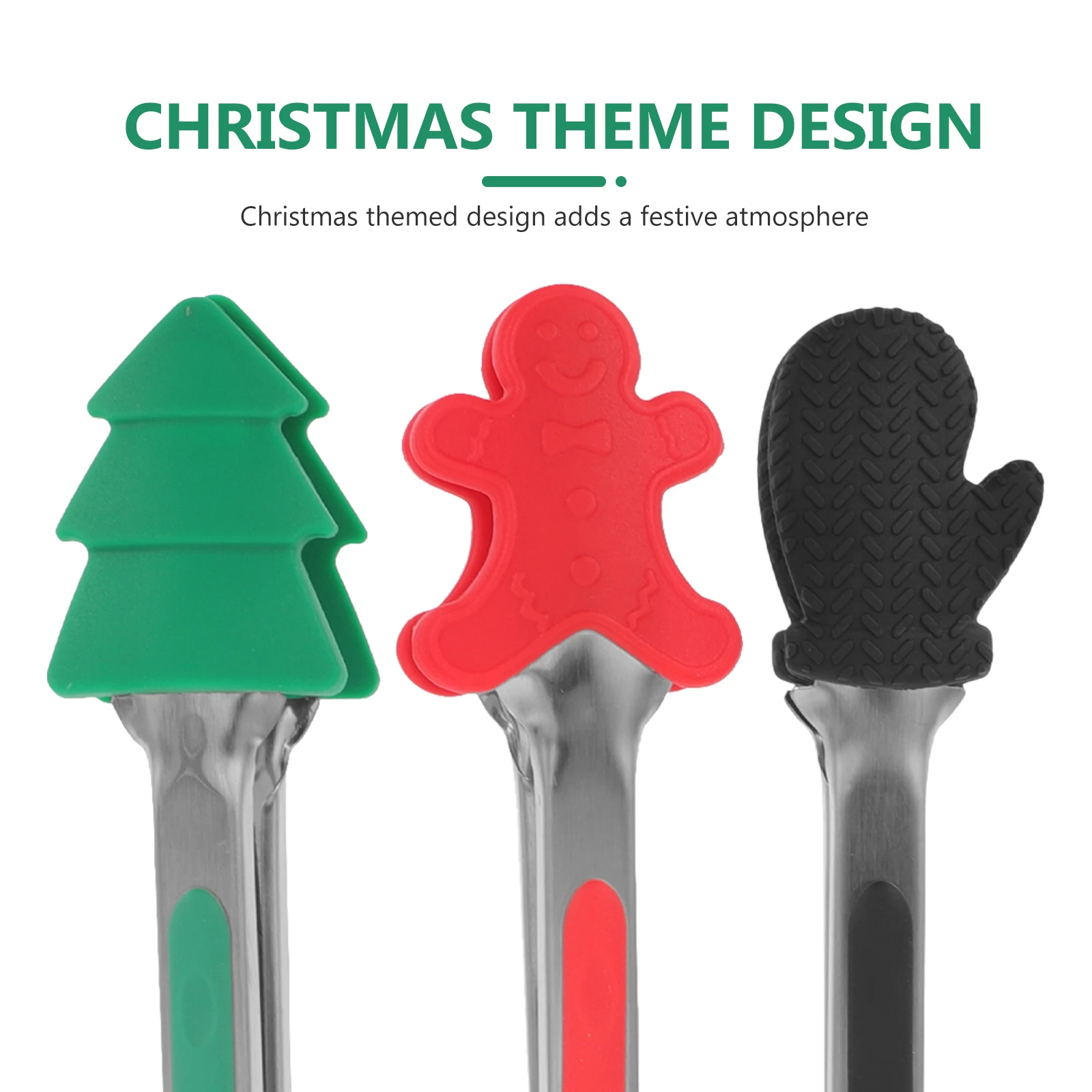

3pcs Christmas Food Tongs 7inch Tree Gingerbread Glove Colors Silicone Stainless Steel Kitchen BBQ Grilling Accessories