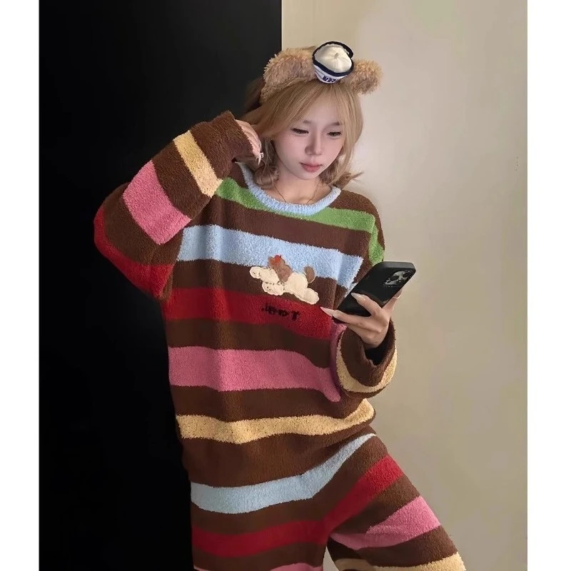Dopamine Contrasting Color Striped Half Fleece Pajamas Women Winter New Thickened Coral Fleece Home Wear Set Can Be Worn Outside