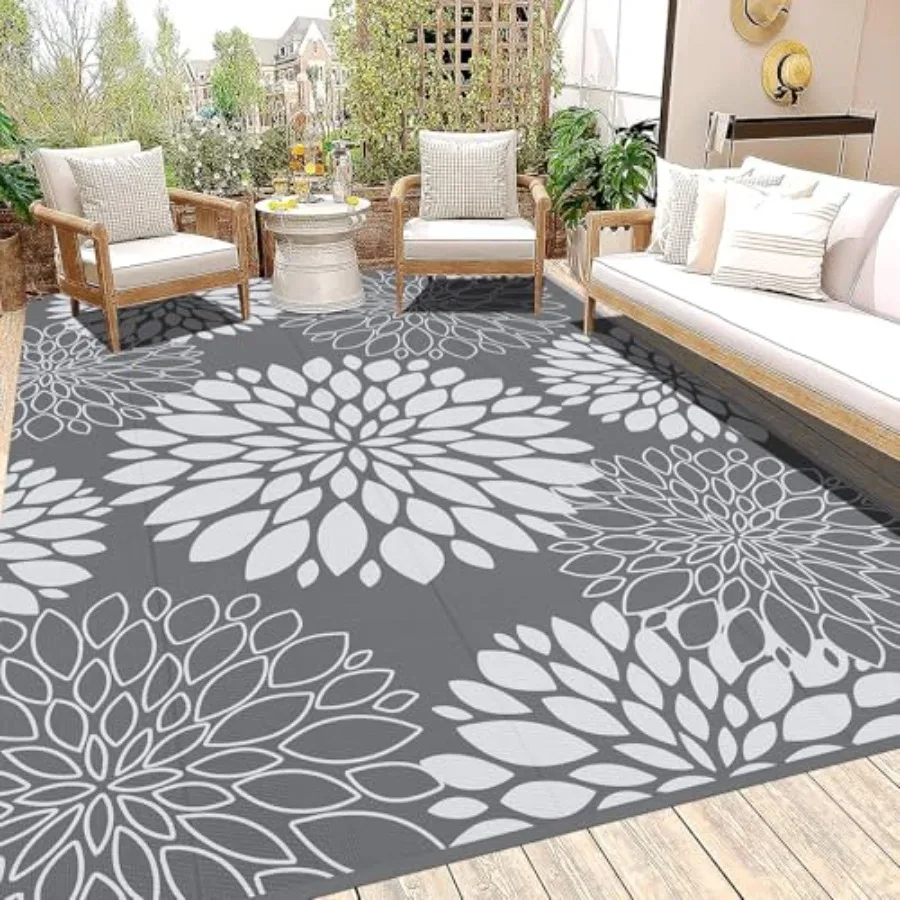 

Waterproof Outdoor Rug 8x10 for Deck Porch Balcony Backyard Picnic, Reversible Plastic Straw Patio Rug in Floral Grey, Portable