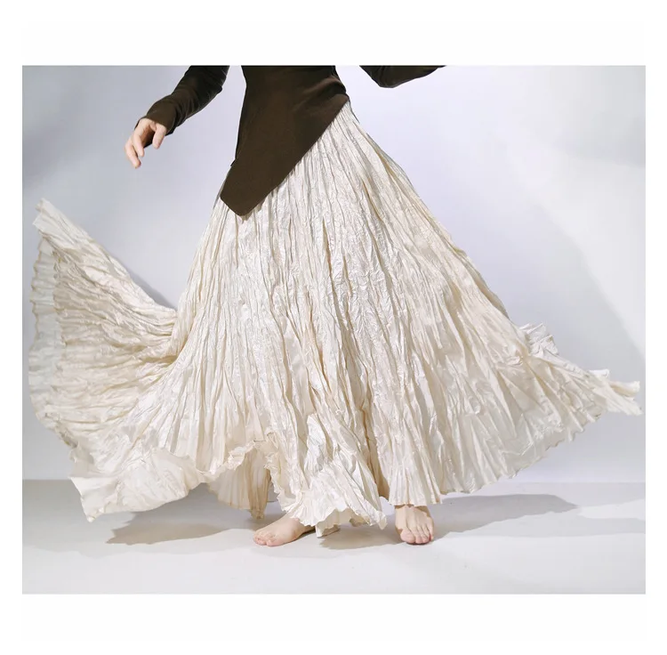 High Quality Women Spring Long Skirts Wide Hem Pleated Design High Waist A-Line Dance Maxi Skirts Faldas Femme Streetwear