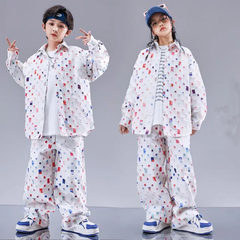 Kids Street Hip Hop Clothing White Oversize Ripped Shirt Tops Casual Streetwear Pants for Girl Boy Jazz Dance Costume Clothes