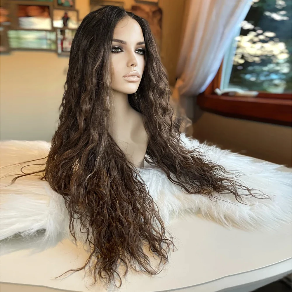 Heat Resistant Straw Curl Extra Long Balayage Wig Cool Brown Wig Dark Rooted Wavy Women Wigs Loose Wave Synthetic Lace Front Wig