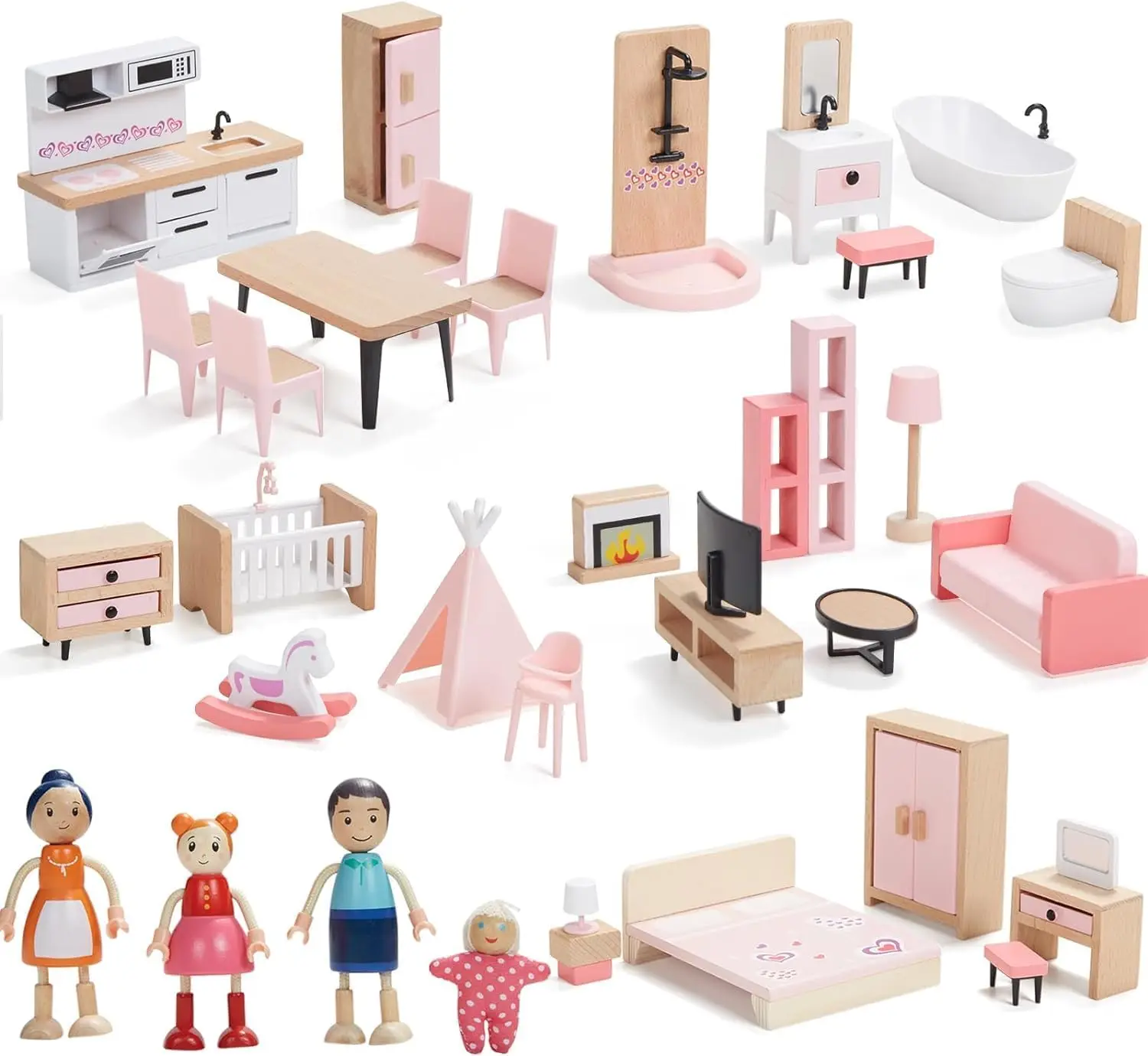 

Giant bean Wooden Dollhouse Furniture Set, 36pcs Furnitures with 4 Family Dolls