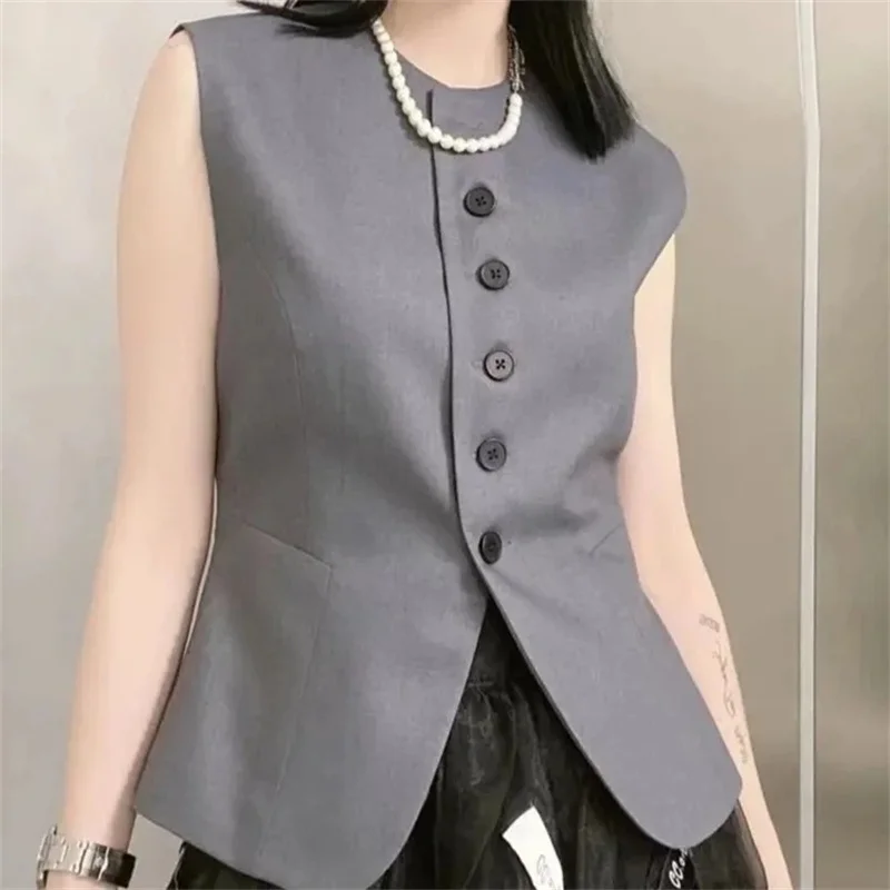 O-Neck Blazer Vest Women Waistcoat Spring Autumn High End Casual Lined Sleeveless Short Jacket Korean Buttons Silm Women\'s Vests