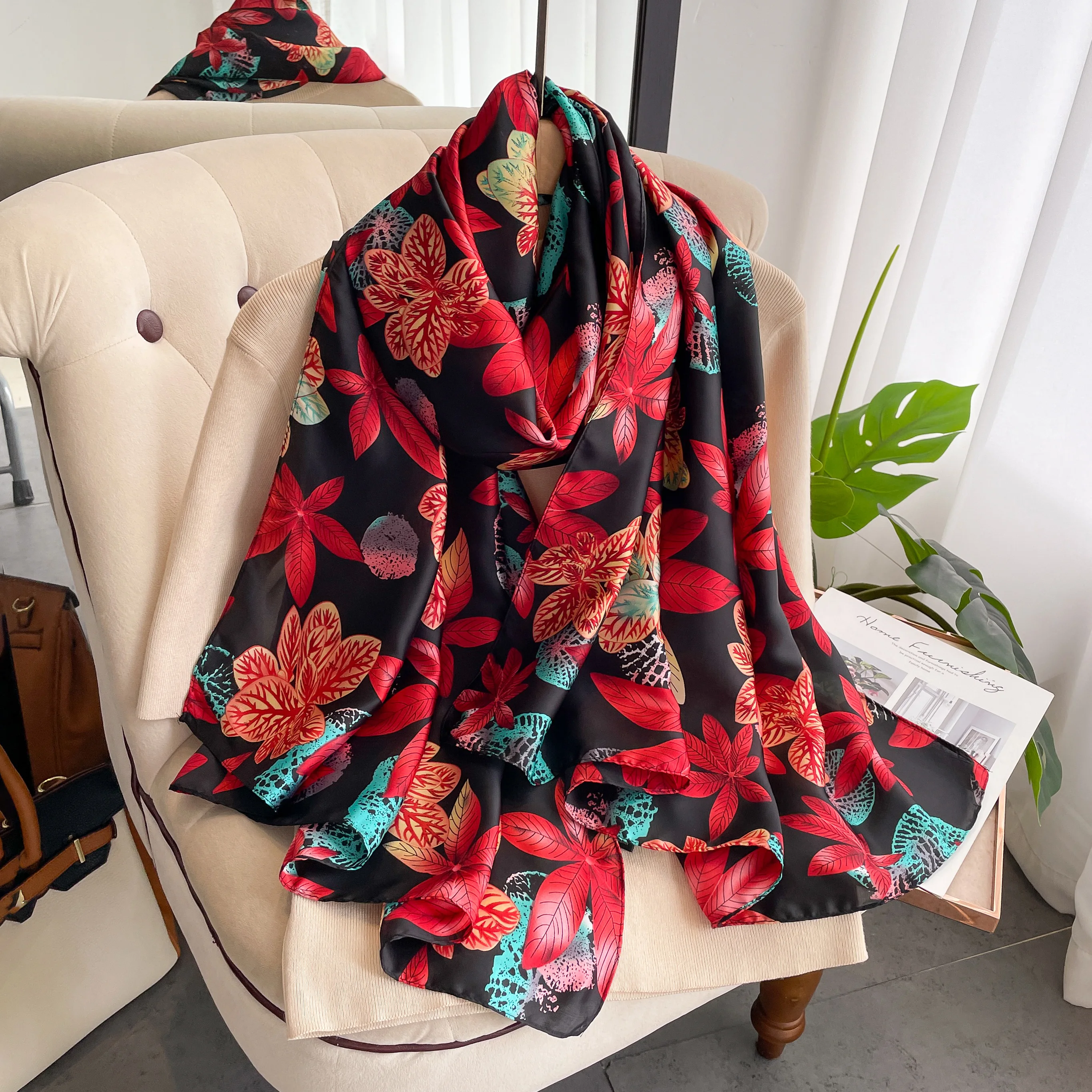 High Quality Soft Silk Scarf Women 180*90 Ladies Elegant Print Scarf Fashion Long Travel Shawl Beach  Designer Scarf