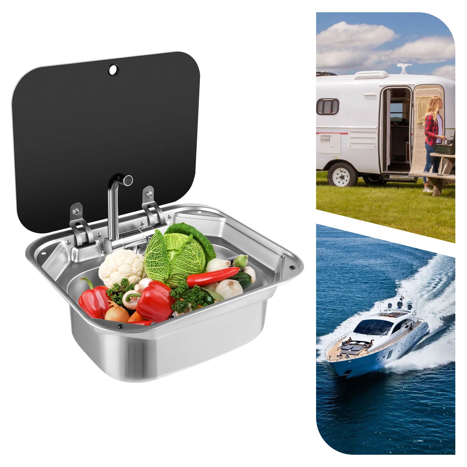 الحديثة 304 الفولاذ المقاوم للصدأ مستطيلة RV بالوعة 41.5x37x16 سنتيمتر غطاء من الزجاج المقسى مع صنبور أنابيب الصرف الصحي