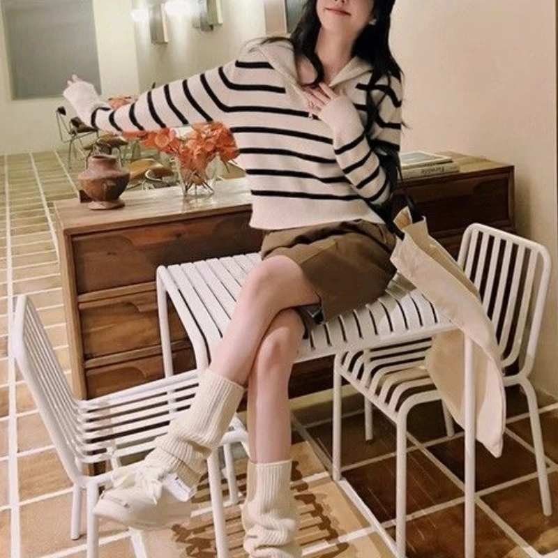 

Lapel Striped Knit Sweater Women Loose Short Cropped Design Whimsical Top French Retro Fall Winter Base Layer Casual Outerwear