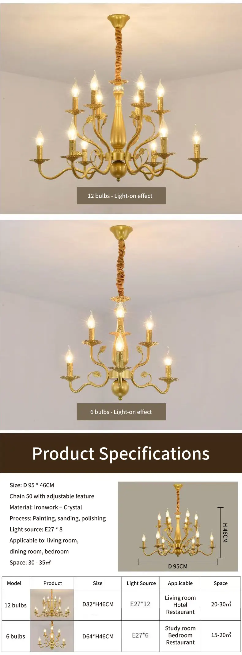 American Double Layer Candle E14 Chandelier Retro Painted