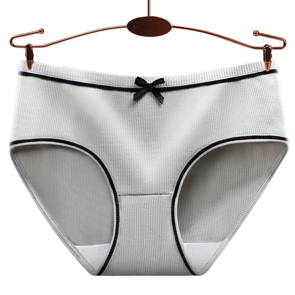 Sweet Bow Detail Ribbed Knit Women Panties Mid Waist Breathable Cotton Blend Briefs Comfortable Daily Underwear Soft Skin Friend