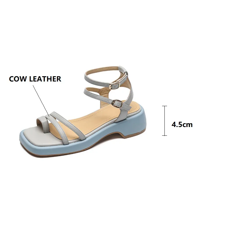 New Genuine Leather Summer Sandals 2023 Square Toe Platform Sandals Cowhide Roman Shoes Women Handmade Shoes for Women