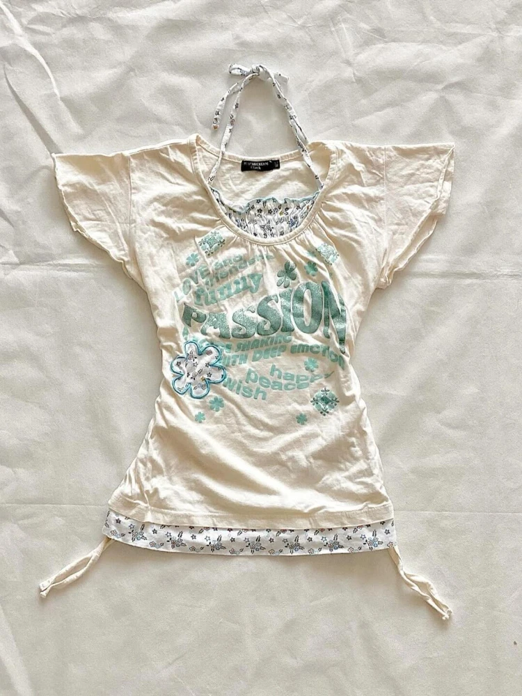 

American Retro Sweet Printed T-shirt Women Summer Vintage Slim Patchwork Fake Two-piece Tops New Design Fashion Y2k Clothes 2025