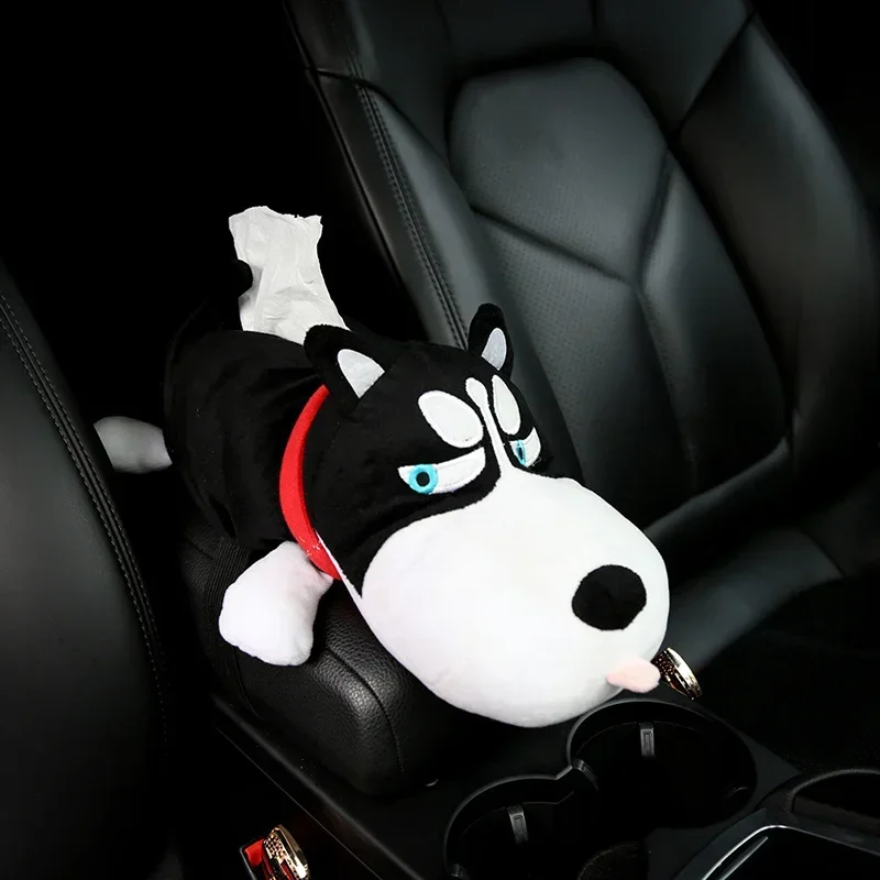 Car Interior Soft Car Tissue Holder Cartoon Cute Paper Napkin Armrest Box Plush Dog Car Tissue Box Plush Auto Accessories Short