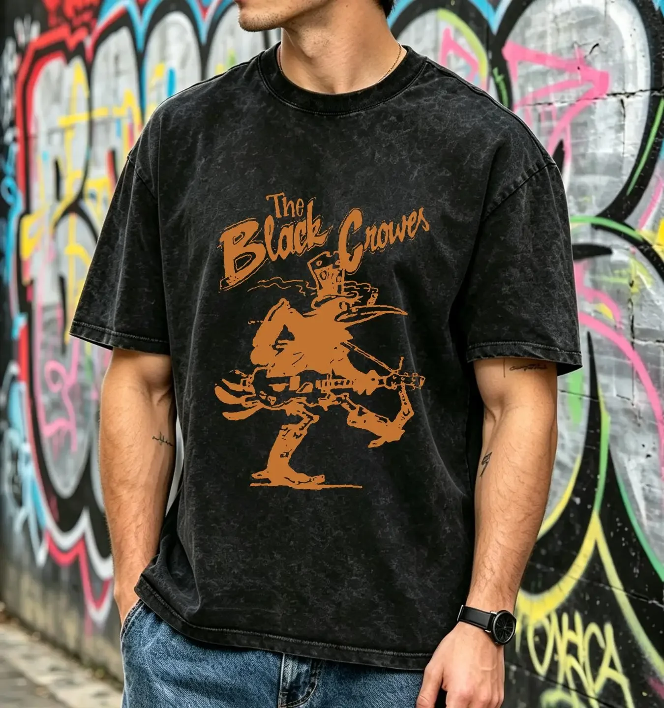washed T Shirt black crowes crowe guitar vintage Washed fashion Top For Everyday Wear Stretched Slightly homme Casual Stylish