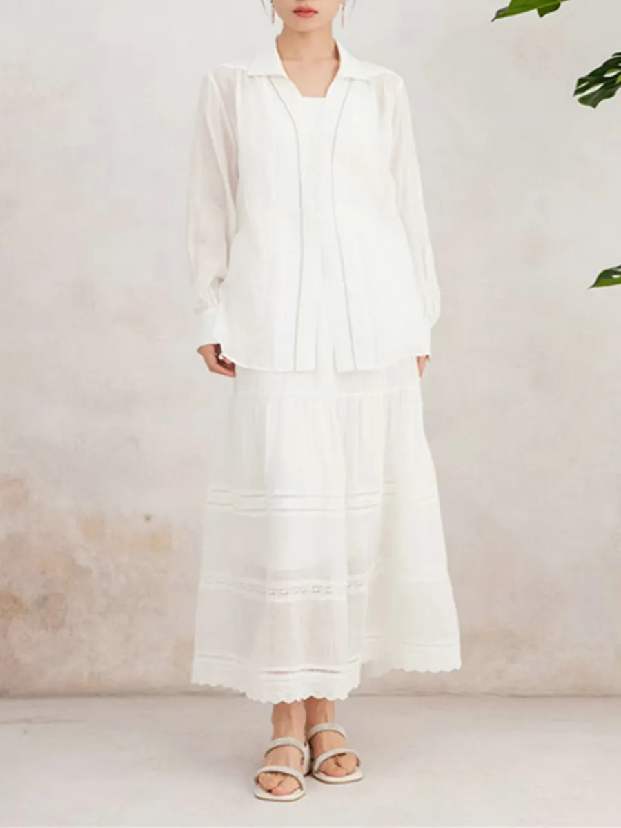 

Women's Spring Summer New 100% Ramie Suit, Long Sleeve Shirt With Large Swing Skirt Two-piece Set