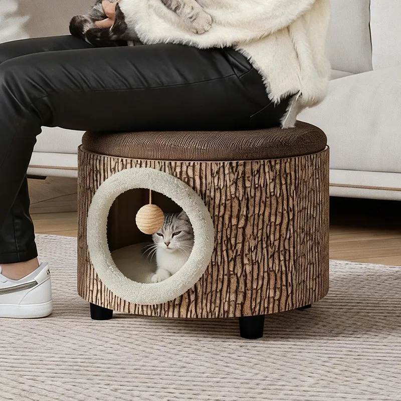 Solid Wood Cat House Stool, Human & Cat Shared Enclosed Hideout, Warm Shelter for All Seasons