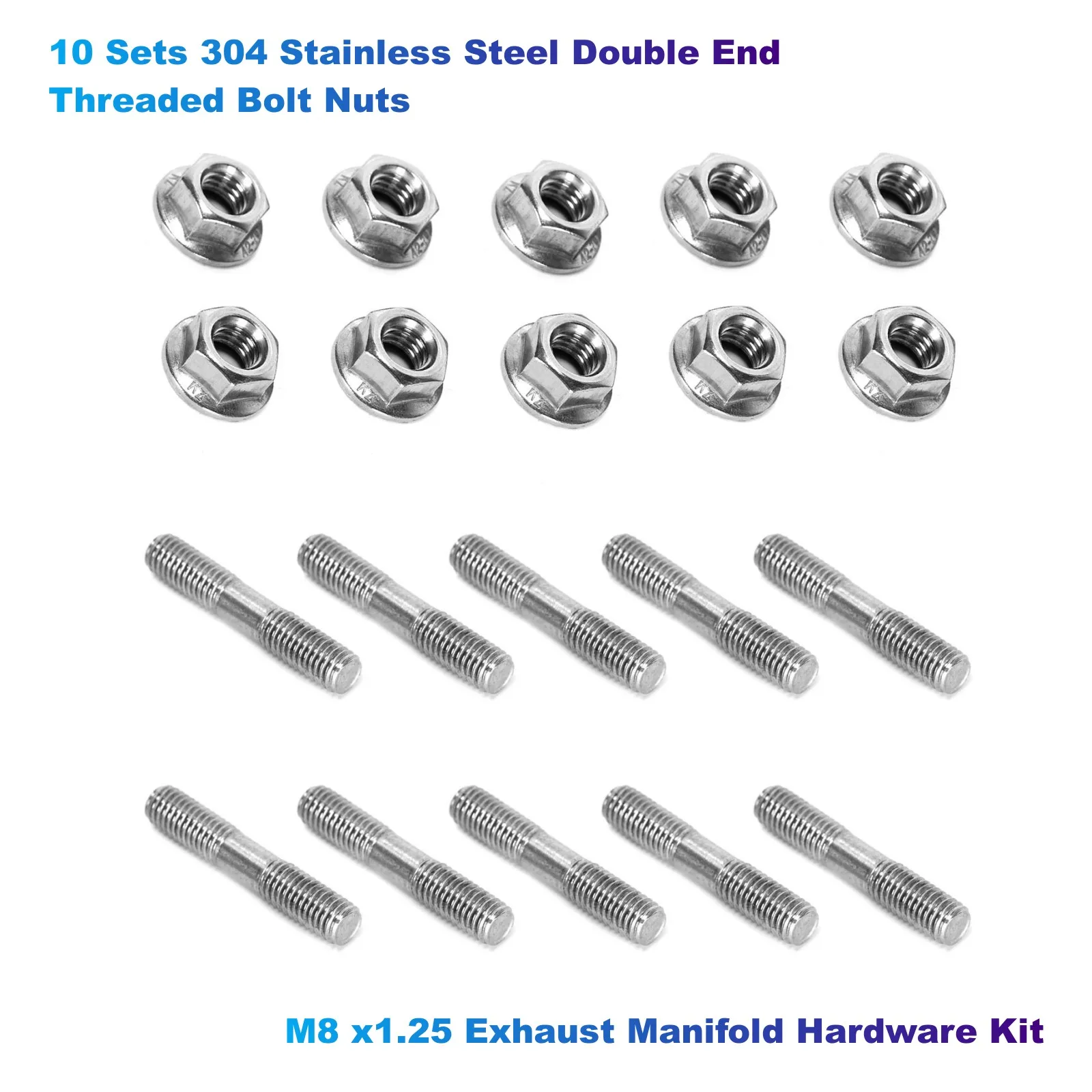 10Sets 304 Stainless Steel Double End Threaded Bolt Nuts Assortment Kit, M8 x1.25 Exhaust Manifold Hardware Kit