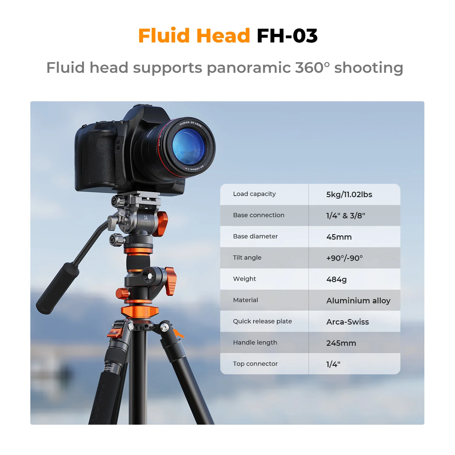 K&F Concept 91inch/2.3m fluid head tripod video tripod Reversible Detachable Monopod Transverse Center Column horizontal 360°