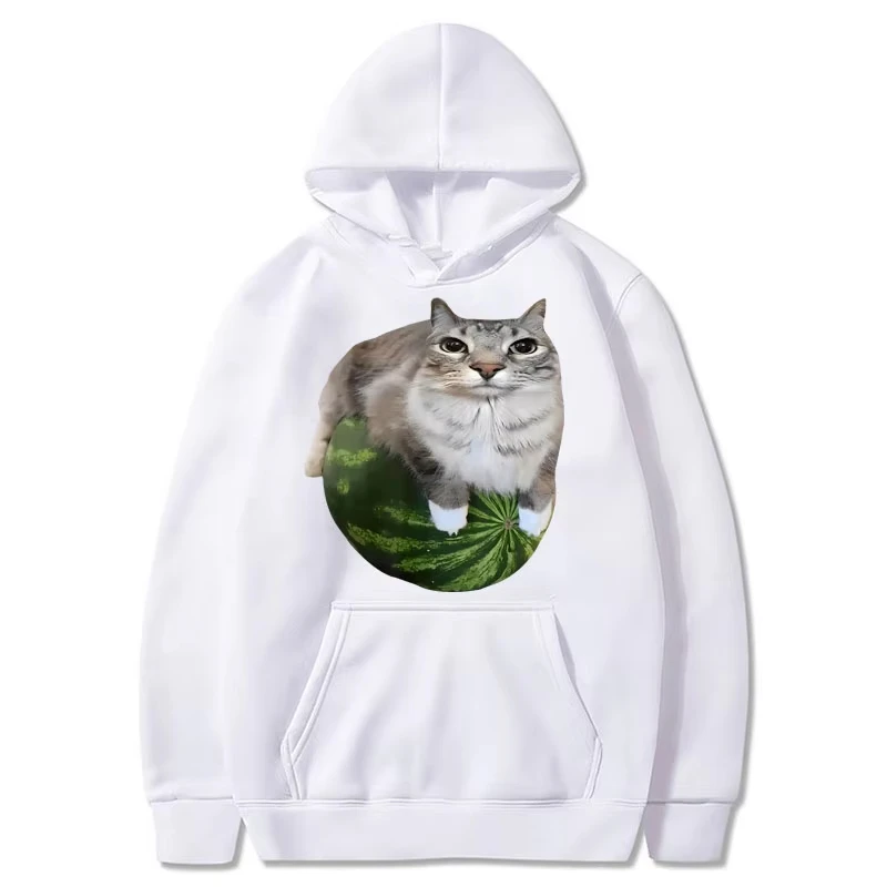 2026 Cute Funny Silly Watermelon Cat Meme Hoodie Men Women Humor Stylish Hilarious Long Sleeve Oversized Fleec