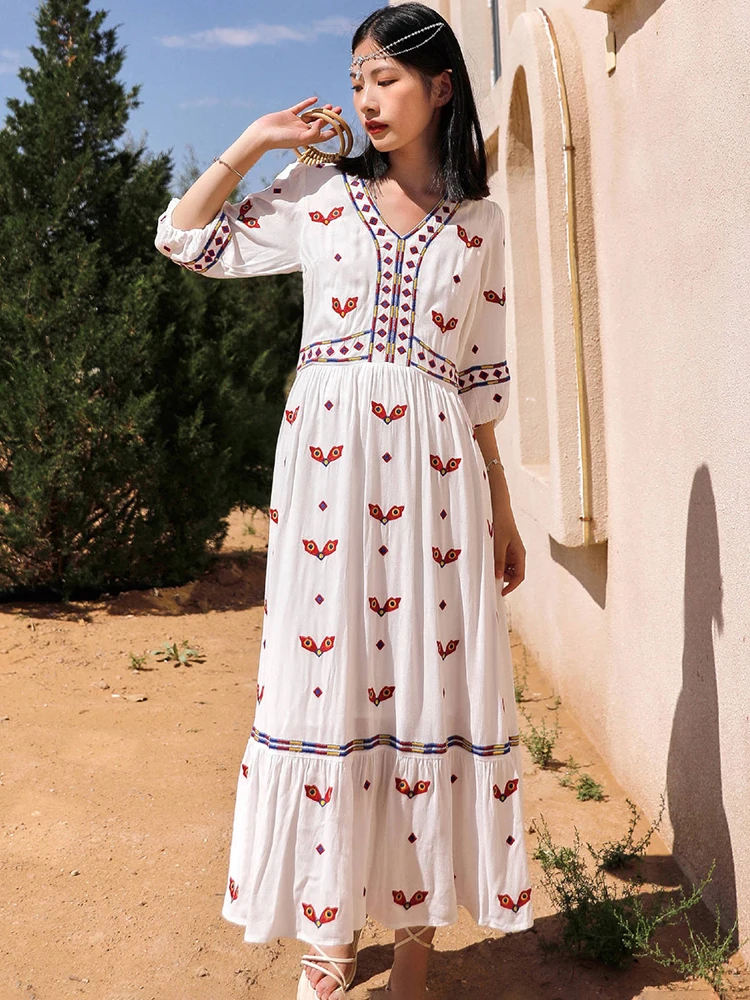 

Jastie Embroidered Long Dress Boho White V-Neck High Waist Maxi Dresses Fashion Spring Autumn A-Line Loose Holiday Party Robe